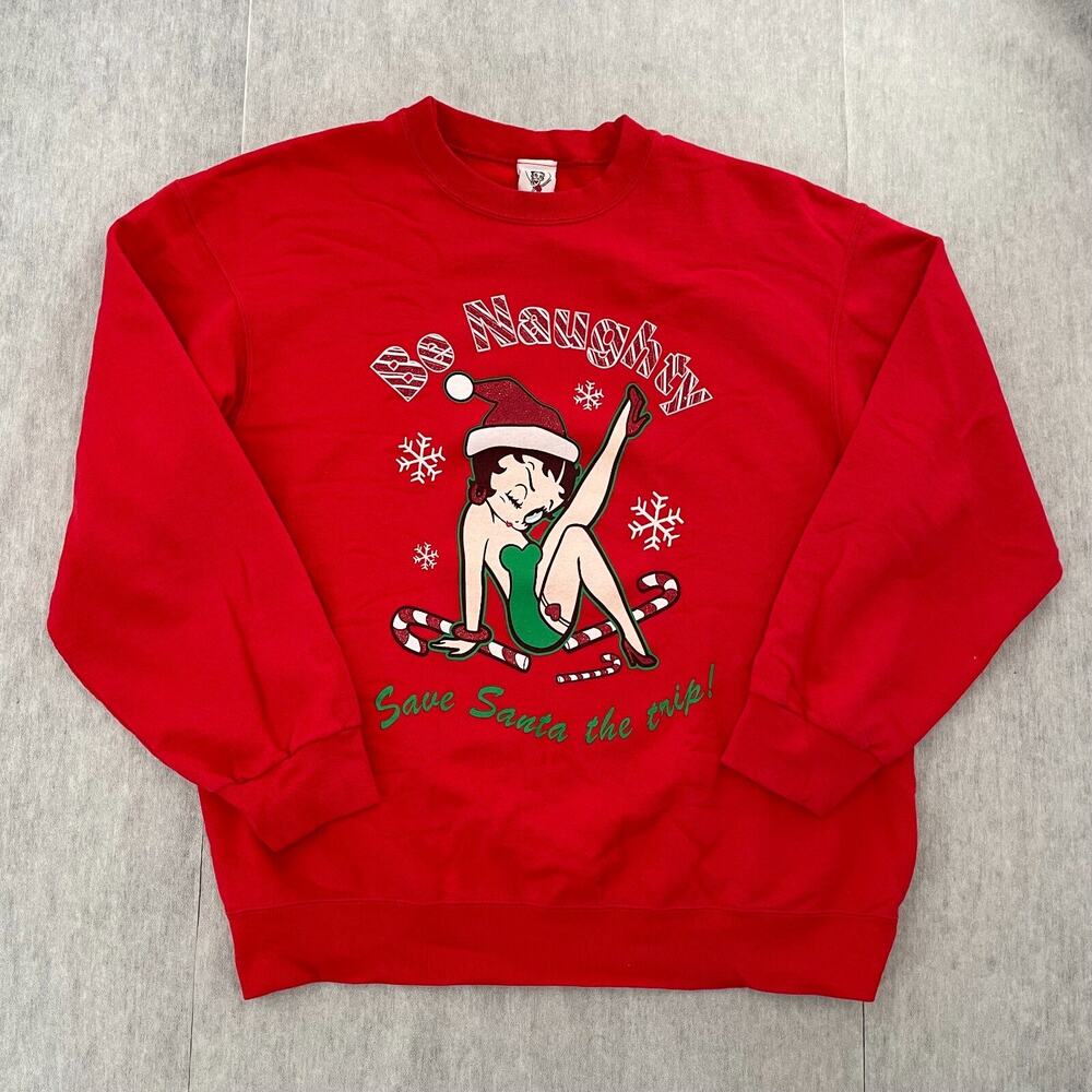 VINTAGE Betty Boop Sweater Womens Large Red Christmas Fleece Pullover Ladies L